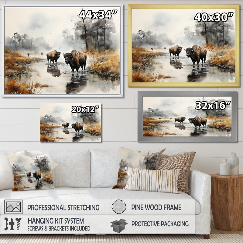 «Gray Buffalo Misty Morning Grazing II», reproductions sur toile d'animaux, Cadre simple blanc, H 34 po x l 44 po x P 1,5 po