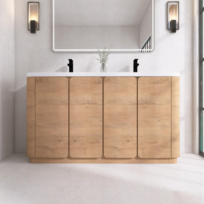 Meuble-lavabo autoportant de 152 cm (60 pouces) avec lavabo en résine blanche et portes à fermeture amortie, aspect chêne.