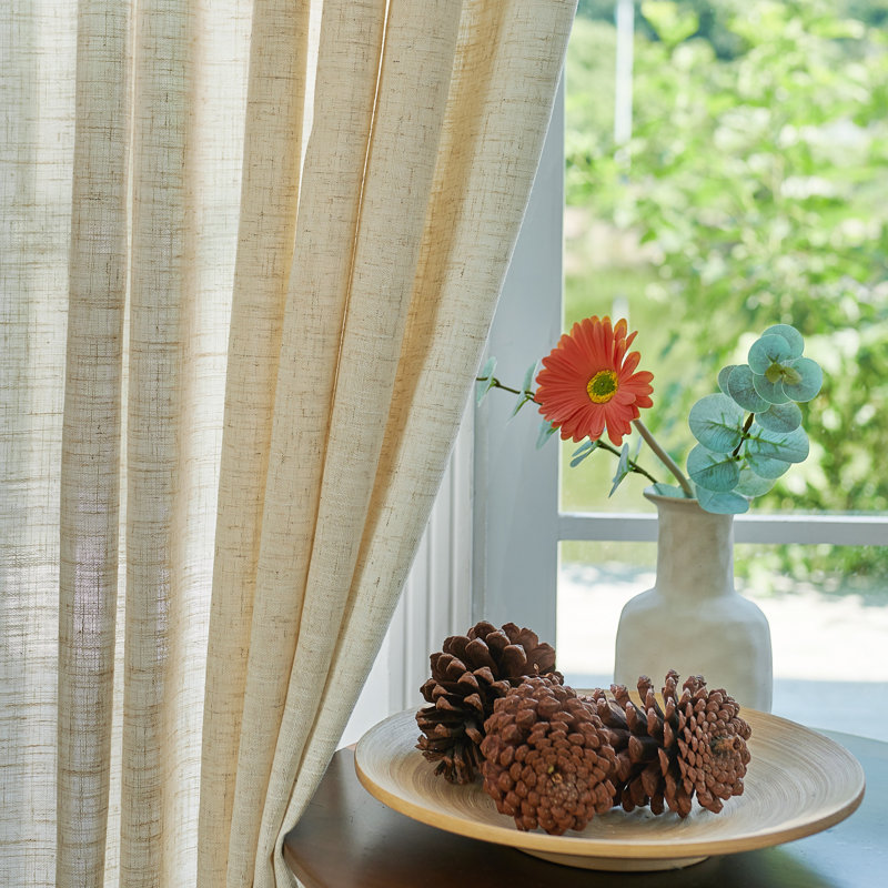 Carthamus Polyester Linen Textured Light Filtering Semi-Sheer Grommet Curtain Pair, Natural Linen, 52" W x 84" L