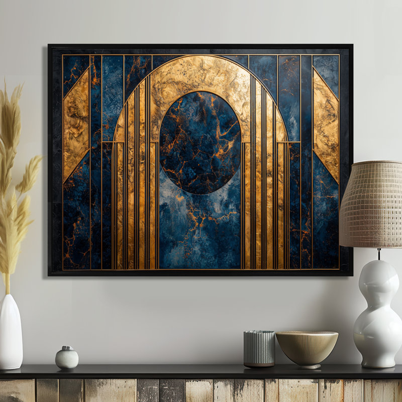 Formes géométriques noyer doré - Abstrait Art déco sur toile, H 24 po x l 32 po, Cadre flottant, Noir