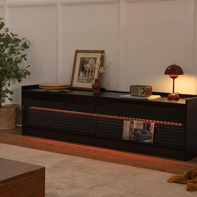 Mirod Modern TV Stand With Ample Storage,4 Drawer Design With Tempered Glass ,Built-In Charging Ports And Ambient LED Lighting ,Versatile For Any Decor Style