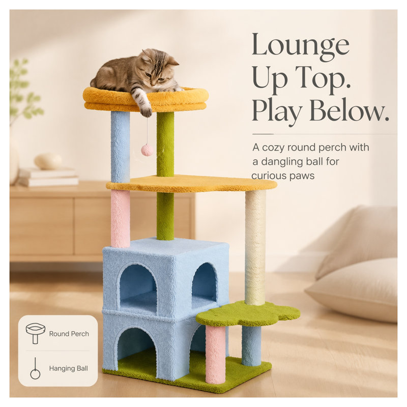 Arbre à chat autoportant de 136 cm avec double niche, plateforme nuage et poteaux en sisal, centre d'activités multiniveaux vert et jaune pour chats d'intérieur