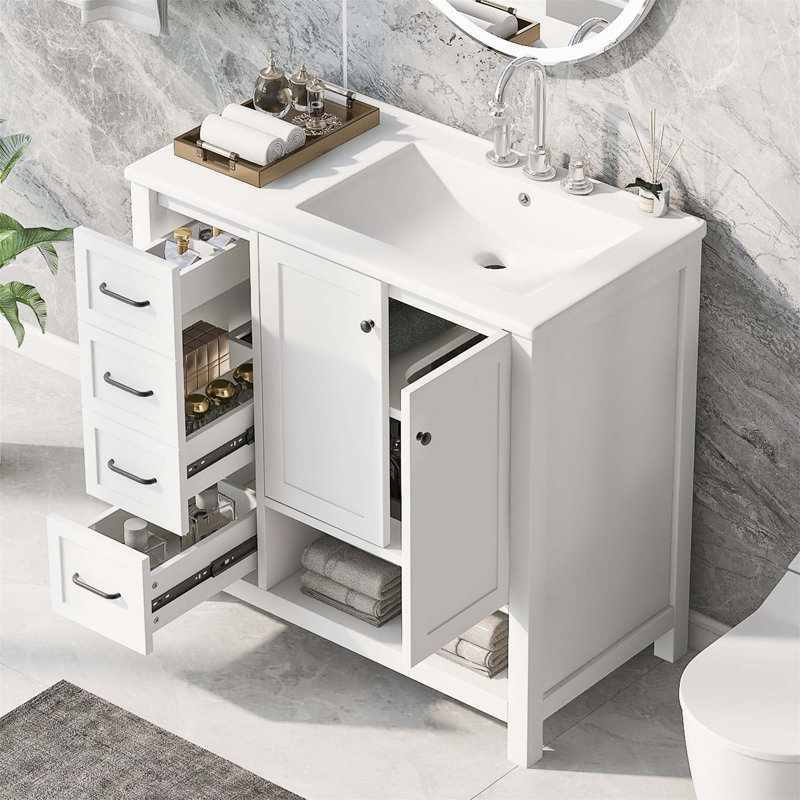 Meuble-lavabo blanc 36 po avec deux portes et tiroirs