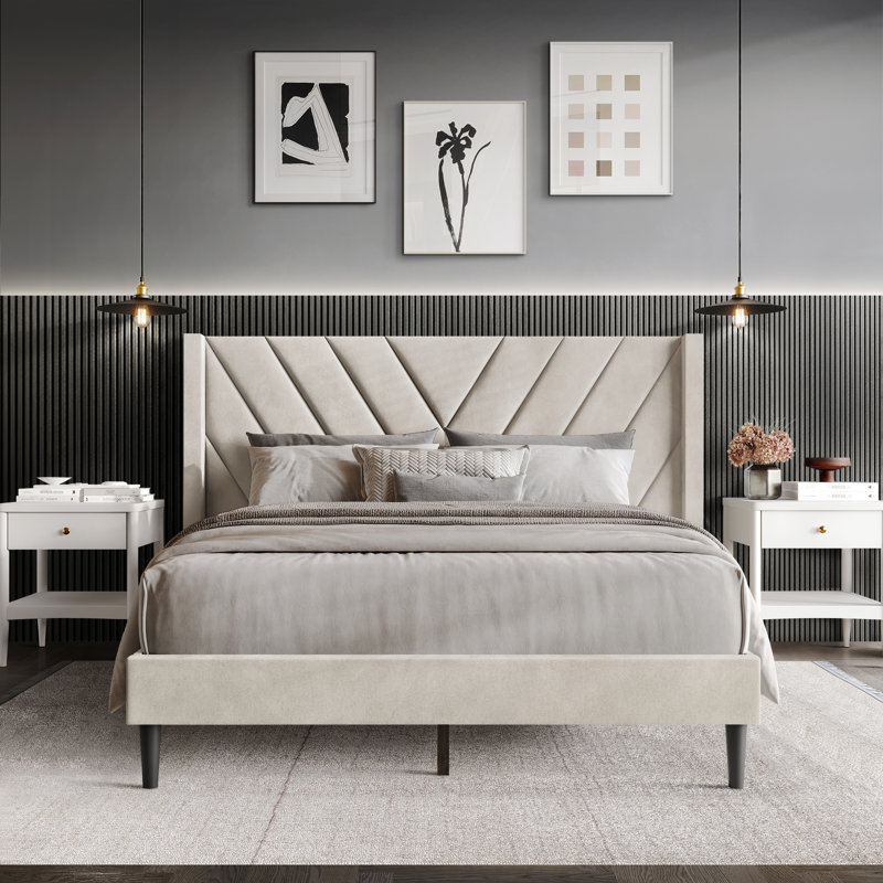 Elegence Wingback Platform Bed, Beige, Queen