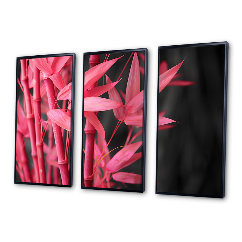Ensemble de salon art mural bambou rose et noir, Cadre flottant noir, H 28 po x l 36 po