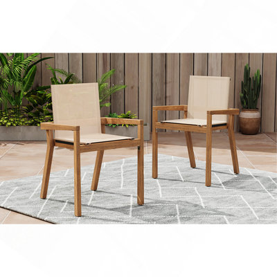 Chaise de salle à manger, ensemble de 2, structure en teck et textile beige