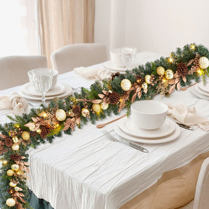 Guirlande de Noël artificielle 6 pi avec lumières, pommes de pin, baies, boules dorées pour porte d'entrée de foyer d'escalier, or