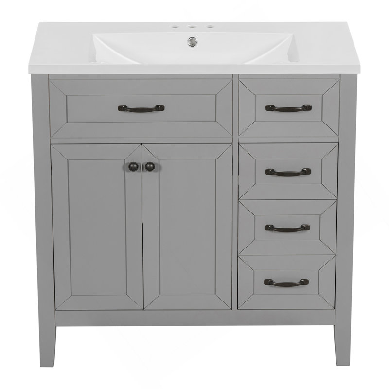 Meuble-lavabo 36 po avec évier, armoire de salle de bain avec tiroirs, cadre et panneau de fibres à densité moyenne, gris (ancien numéro de référence: JL000007AAE)