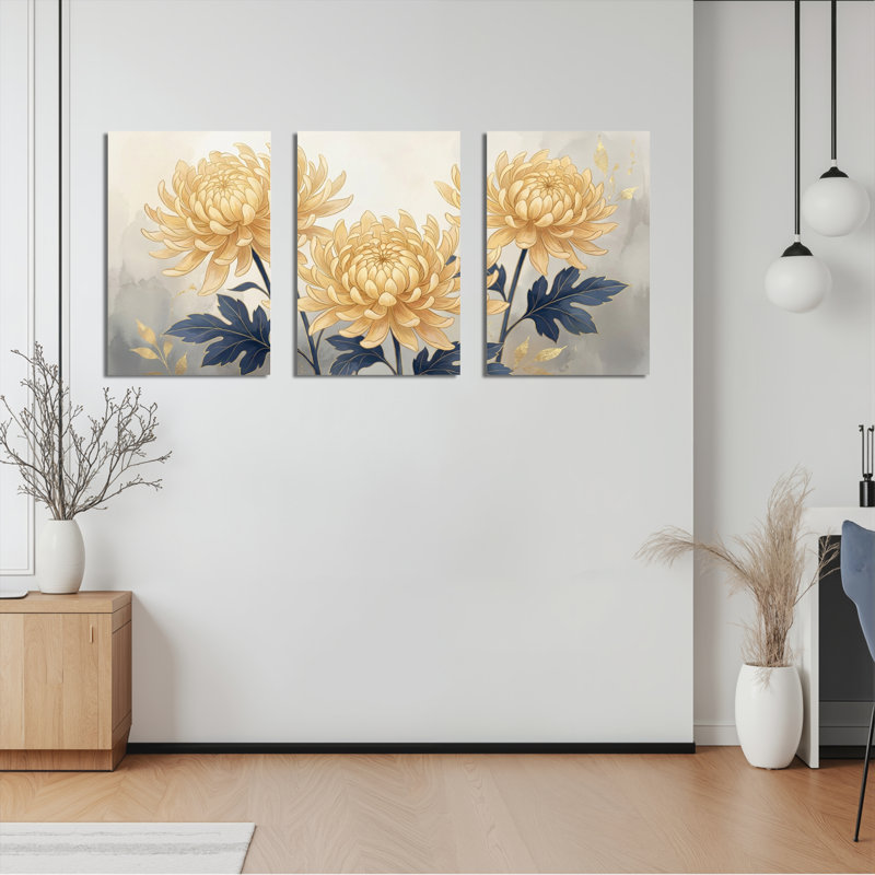 Ensemble de 3 tableaux sur toile à motifs floraux de chrysanthèmes, pour la décoration du salon et de la chambre.