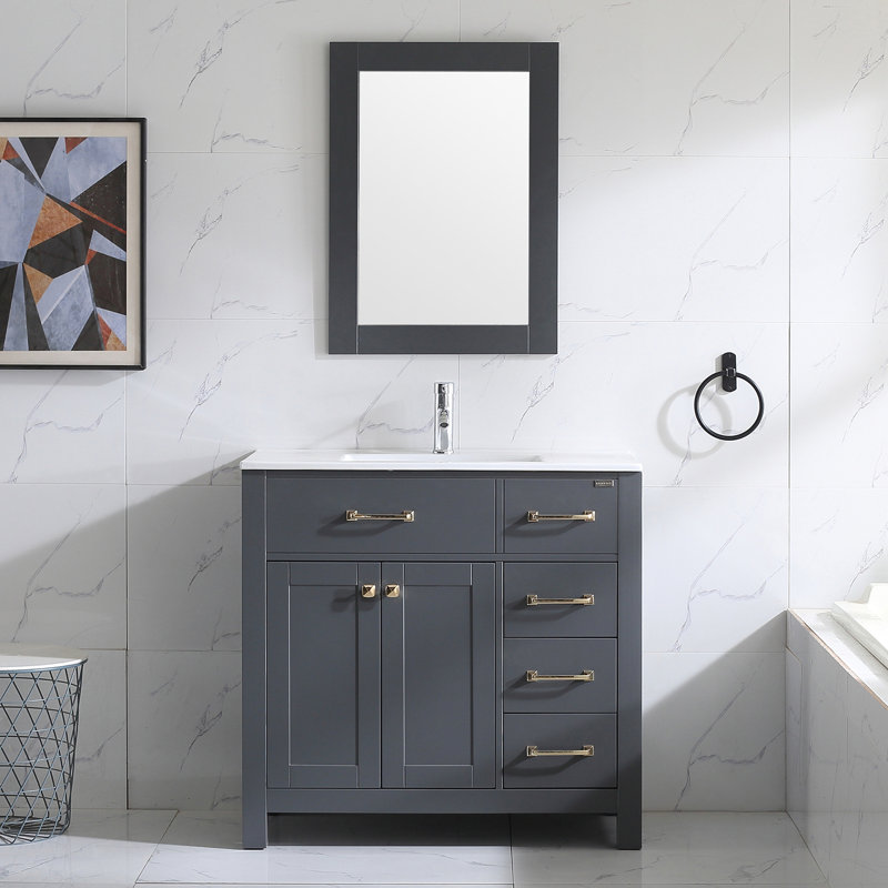 Burnet 36'' Single Bathroom Vanity with Ceramic Top, Mirror and Polished Chrome Faucet, Gold, Gray
