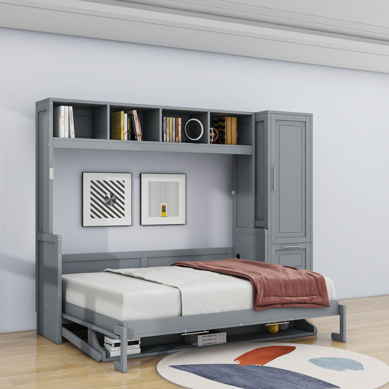 Lit escamotable en bois avec tablettes, placard et tiroirs Ladontay, Grand, gris