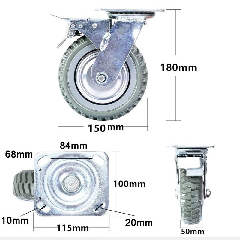 Industrial Castors, 4 Pack 150mm Heavy Duty Swivel Plate Castor Wheels, 1000kg Load, 2 Braked + 2 Unbraked