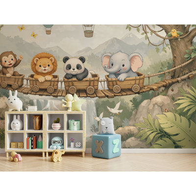 Murale de safari avec train pour chambre de bébé | Papier peint adhésif pour enfants avec montgolfière | Décoration murale amovible