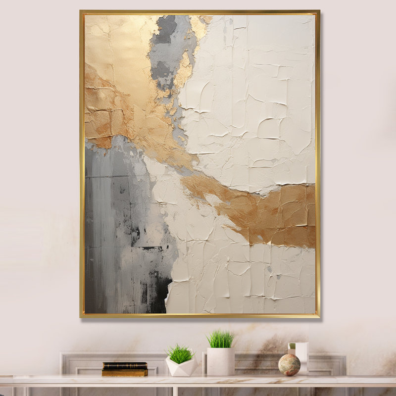 «Gold and Beige Paint Fusion», peinture abstraite, art mural, Cadre flottant doré, H 32 po x l 24 po x P 1 po