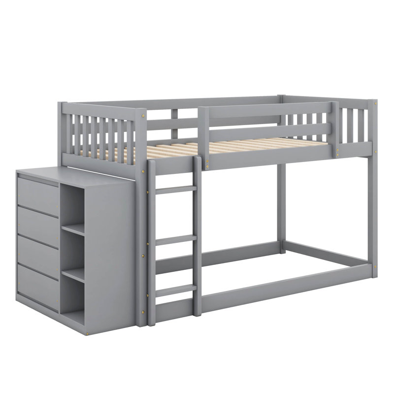 Twin Over Twin Bunk Bed Frame With 4 Drawers And 3 Shelves, Floor Bunk Bed Frame For Kids, Gray