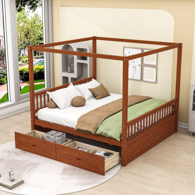 Wooden Canopy Bed with Storage Drawers