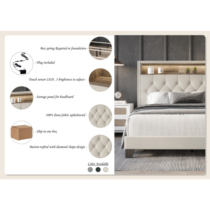 Fording Upholstered Bookcase Storage Bed, Light Gray, Queen