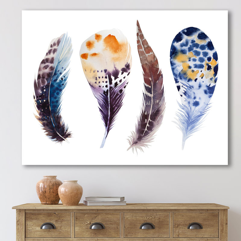 Ensemble de plumes colorées Boho - peinture sur toile, Toile tendue, H 30 po x l 40 po x 1,5 po
