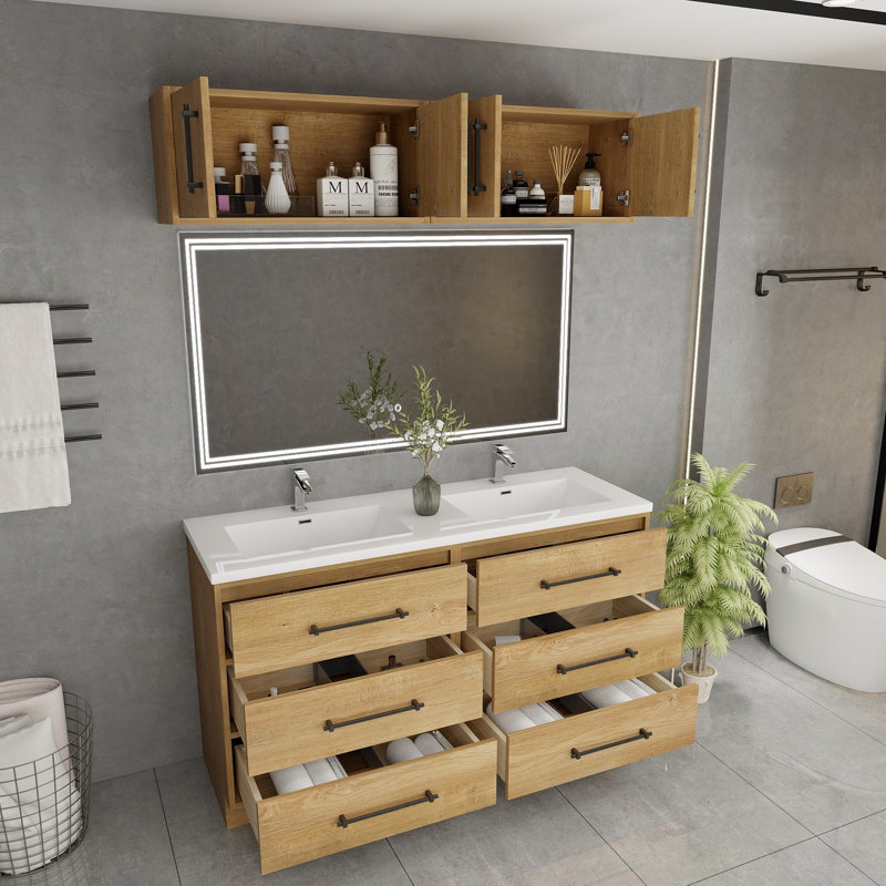 Meuble-lavabo autoportant de 60 po avec dessus double en acrylique renforcé Victoria, Chêne