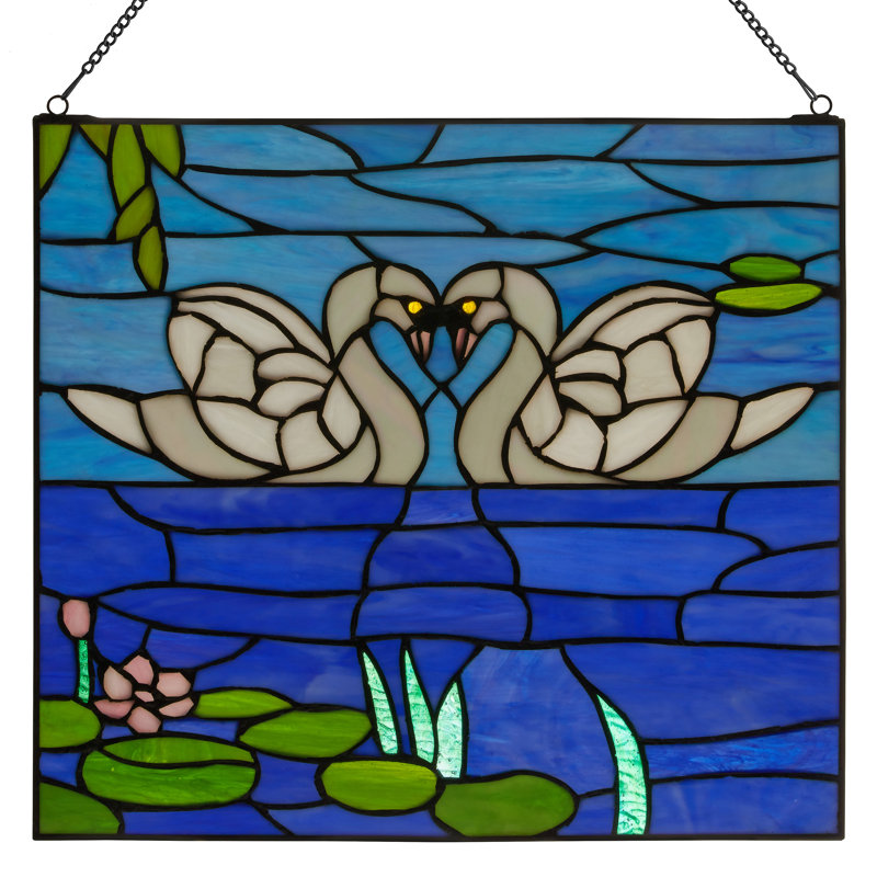 14"H Romantic Swans Stained Glass Window Panel