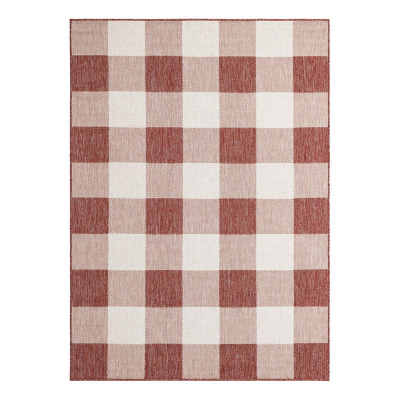 Tatasha Gingham Power Loom Polypropylene Plastic Indoor/Outdoor Area Rug in White/Red, Rectangle 5'1" x 7'1"