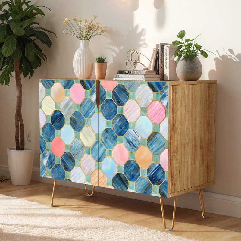 Buffet, armoire de rangement de cuisine avec 2 portes, motifs de carreaux multicolores bleu et rose, console pour salle à manger L 35 po x l 18 po x H 29 po