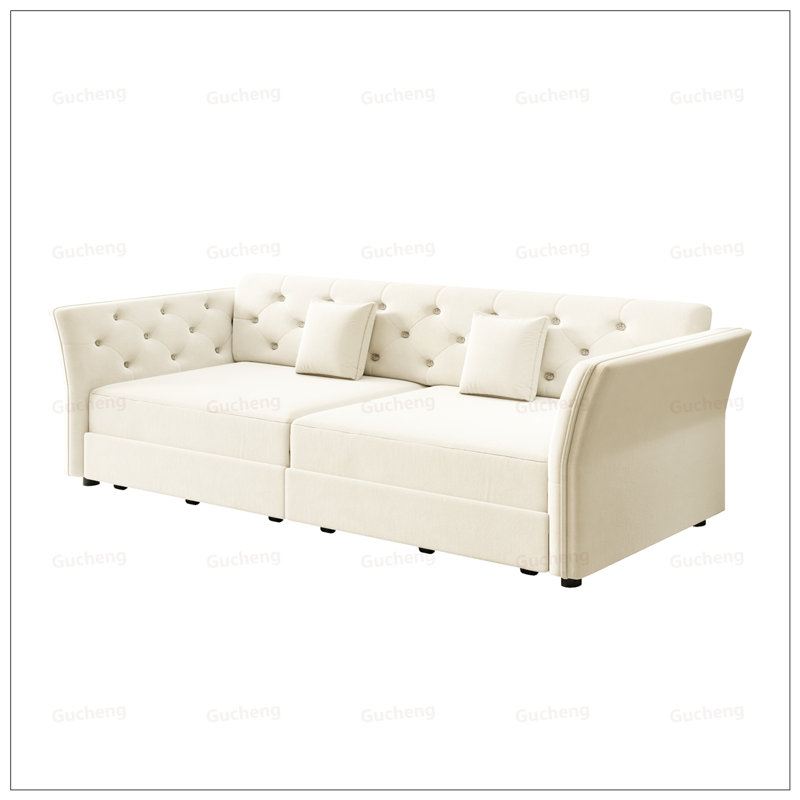 Queen Pull Out Sofa Bed, Convertible Sleeper Sofa With Handmade Fabric Flower Tufted Design, Multi-Functional Velvet Loveseat For Living Room And Bedroom