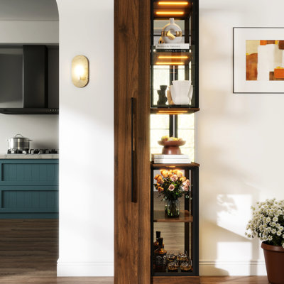 70" Wooden Glass Door Display Cabinet, 5 Adjustable Storage, Three Lighting Modes, Ideal For Dining Room 70 ，，5 ，，