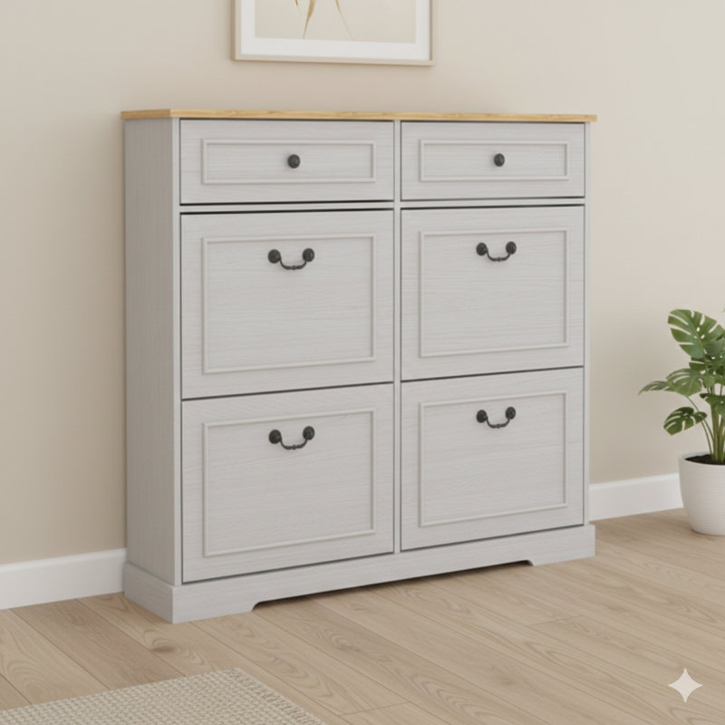 Shoe Storage Cabinet With Two Standard Drawers And Four Flip-Up Doors, Freestanding Organizer With Adjustable Shelf, Slim Design For Entryways And Foyers, Antique White Finish