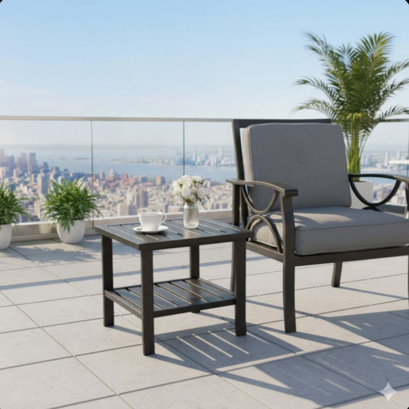 Table d'appoint carrée en métal pour l'extérieur, table de bout pour terrasse toutes saisons à 2 niveaux, Noir