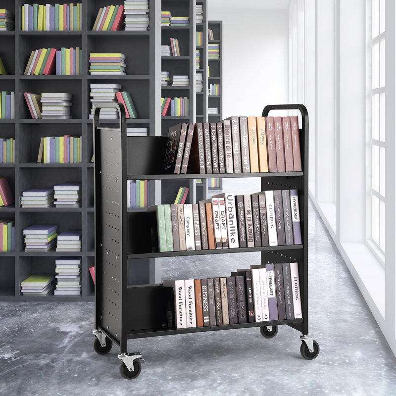 49.2'' H Book Cart with Wheels, 125cm H x 100.1cm W x 50.8cm D, Black