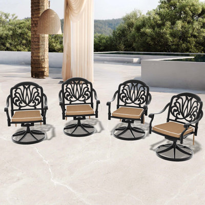 4-Piece Cast Aluminum Outdoor Swivel Chairs, Black Metal Frame With Brown Cushion, 360° Rotatable Patio Seats