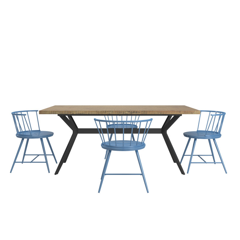 Ensemble de table et 4 chaises Breaux, Pin clair, Acier bleu