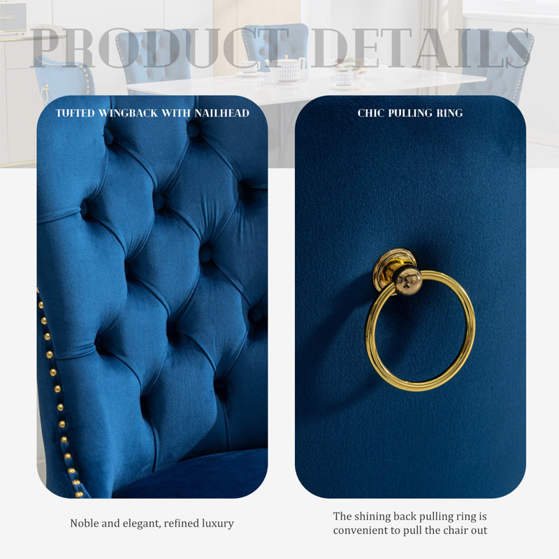 Deep Blue Velvet Upholstered Dining Chairs with Gold Legs, Set of 6