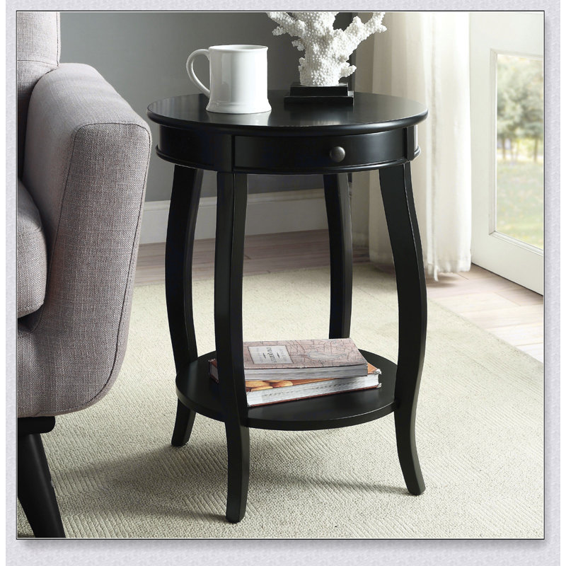 Table d'appoint ronde avec 1 tiroir et rangement ouvert, pour les petits espaces et les décorations élégantes, Noir
