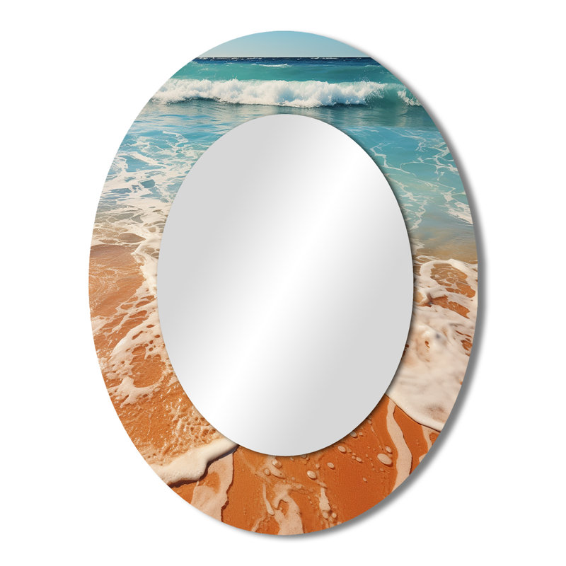 Tropical Beach, vue aérienne I - grand miroir mural ovale sur métal, 43 po x 33 po