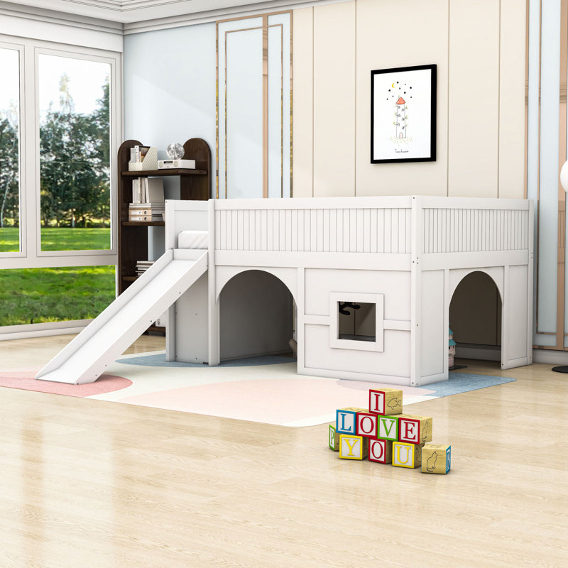 Full Size Wooden Low Loft Bed with Storage Shelves and Slide, White