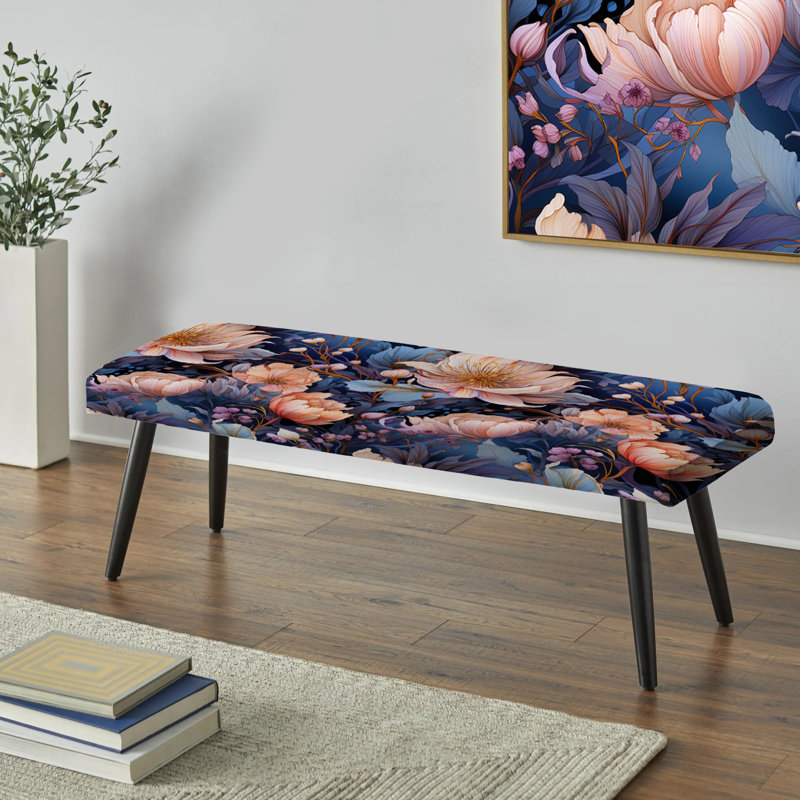 Enchanted Paisley Gard Marble Motif - Banc rembourré en marbre noir, Bleu marine / rose