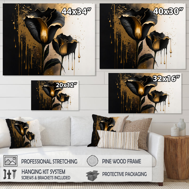 Décoration murale noire et dorée Cally Lillies - Calla Lily, Toile tendue, H 16 po x l 32 po x P 1 po