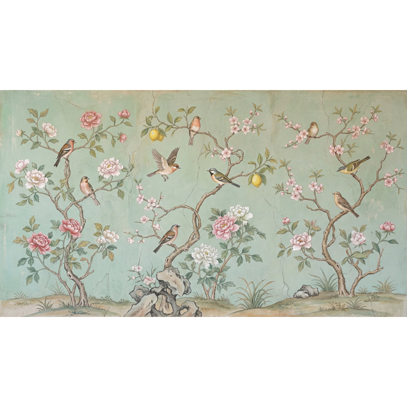 Papier peint mural rétro avec motif floral, sauge, fond vert, oiseaux sur branches, 140 po x 108 po, Non tissé