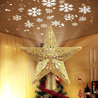 Étoile de Noël pour sapin avec projecteur de flocons de neige DEL, décoration en forme d'étoile creuse avec lumières flocons de neige animées, à brancher
