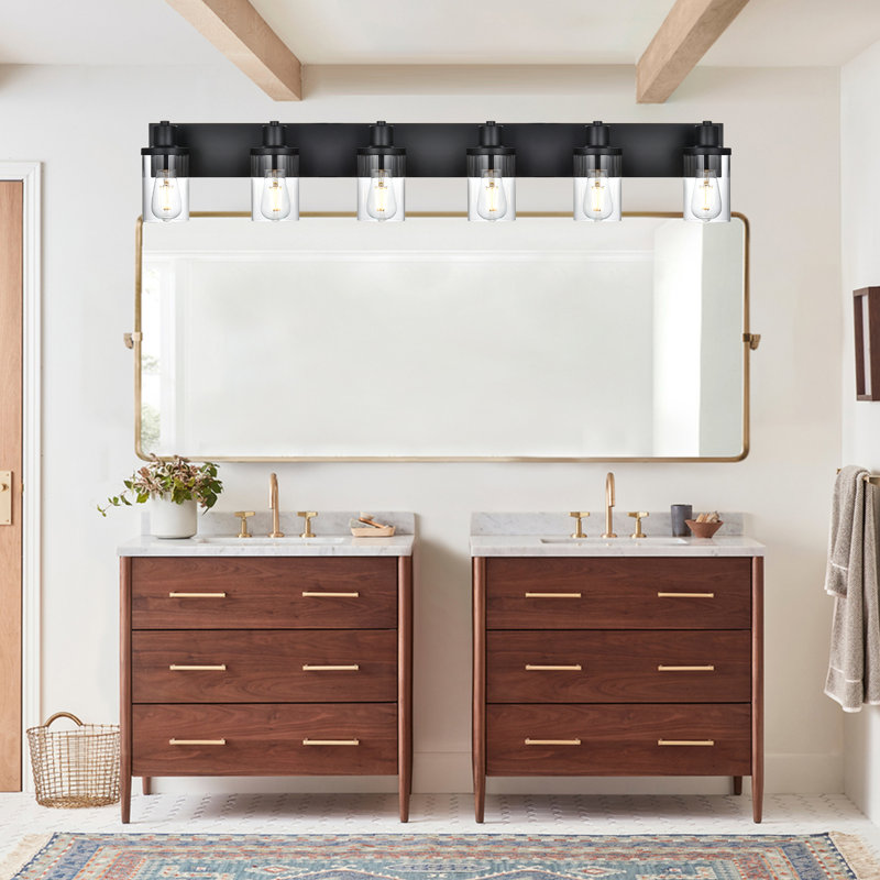 Éclairage pour meuble-lavabo noir mat 6 lumières avec abat-jour en verre transparent, applique murale industrielle à intensité variable moderne, fixation haut / bas pour miroir de salle de bain, salon, chambre à coucher