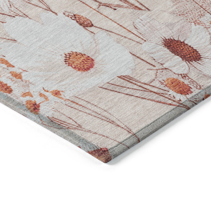 Rectangular Red Floral Synthetic Washable Rug