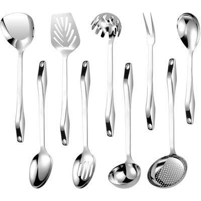 Ensemble d'ustensiles de cuisine en acier inoxydable 304 - 9 ustensiles de cuisine, allant au lave-vaisselle, résistant à la chaleur jusqu'à 1472 ° F