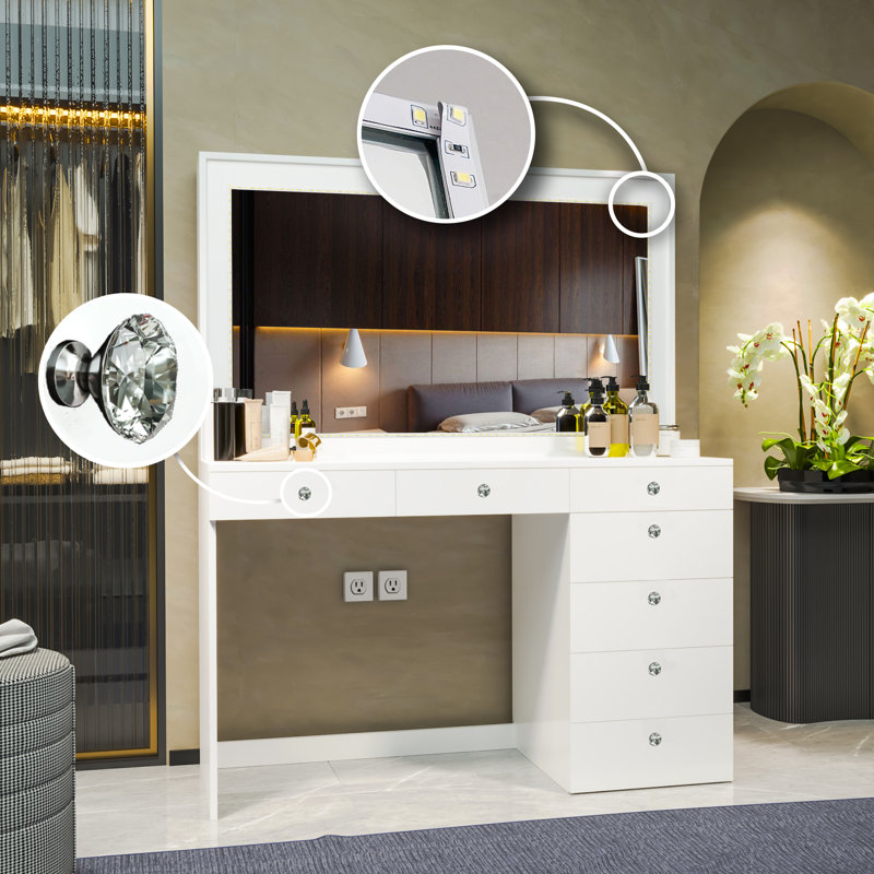 Boahaus Selene Modern White Lighted Vanity Table with 7 Drawers