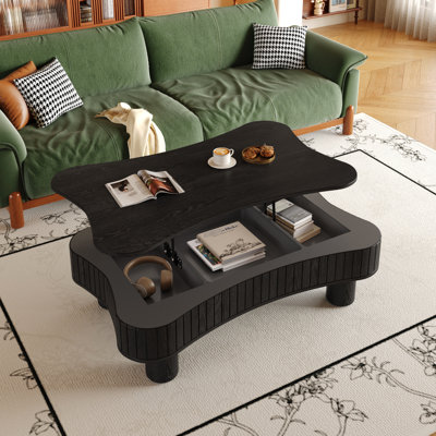 Table basse relevable de 42 pouces avec fonction hydraulique silencieuse, 3 espaces de rangement cachés, bords courbés, installation d'outils en 5 minutes, table de salon noire, panneaux latéraux cannelés, compartiments, lisse