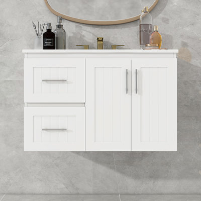 Wall Mounted Bathroom Vanity with Floating Design, Ceramic Sink, 2 Drawers and Adjustable Shelf