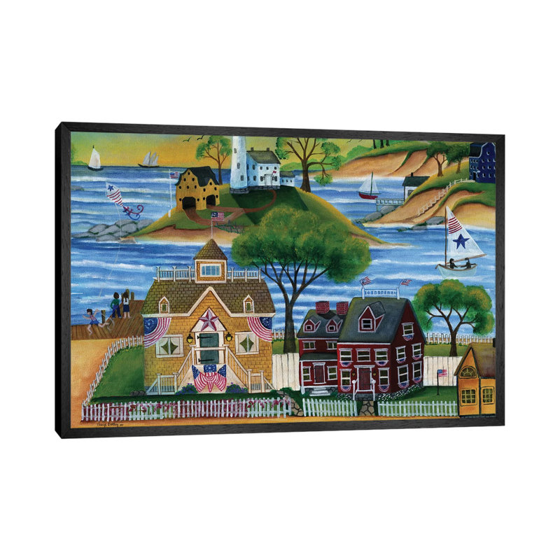 Americana Seaside Lighthouse by Cheryl Bartley - Painting on Canvas, 101.6cm H x 152.4cm W x 3.81cm D, Black Framed