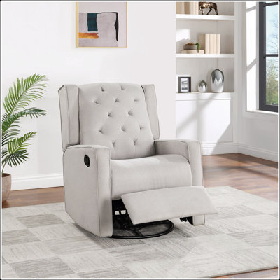Fauteuil inclinable contemporain pivotant en polyfibre gris clair avec dossier à oreilles capitonné et mouvement manuel pour le confort du salon