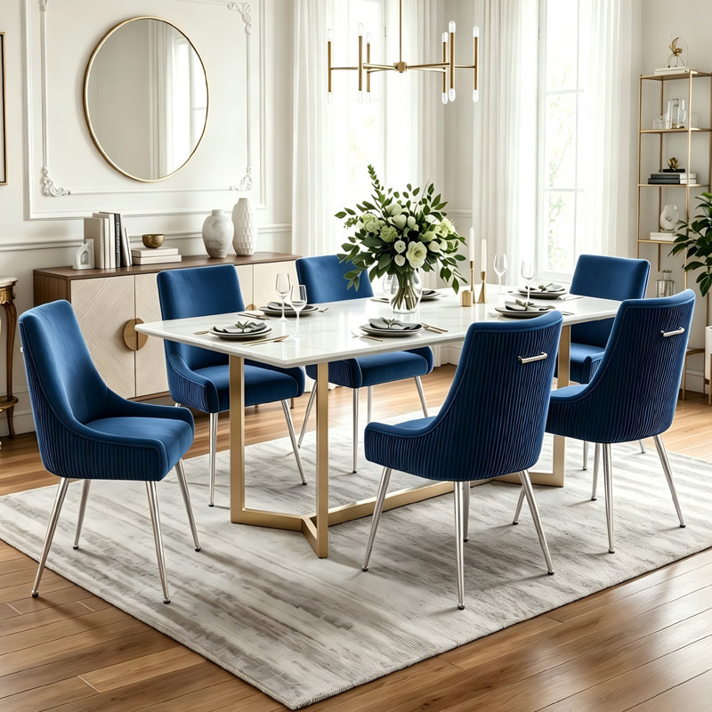 Velvet Upholstered Side Chair With Silver Legs, Blue, Silver